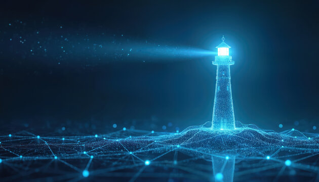 Abstract digital lighthouse shines bright beam through network waves. Blue digital structure stands on abstract data sea. Future tech and connectivity concept.