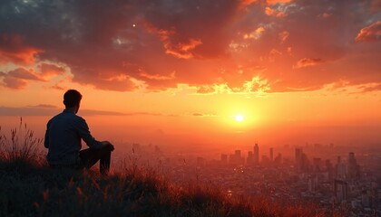 Obraz premium Man sits on hilltop watching city skyline during orange sunset. Sky ablaze with color. Buildings far below. Peaceful contemplation. Evening view. Hopeful outlook.