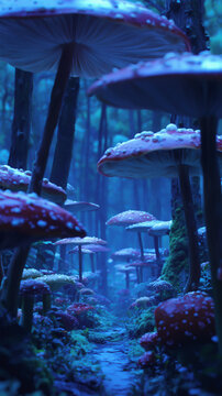 Giant red mushrooms growing in misty blue forest