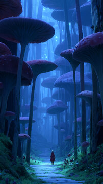 Giant red mushrooms growing in misty blue forest