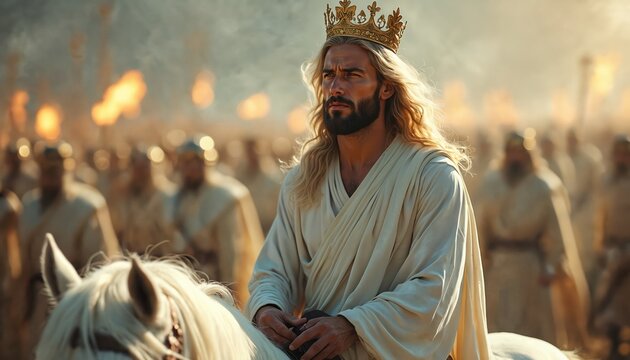 Man with crown rides white horse leading army. He wears robe, people follow with torches. Religious scene, battle, divine power, historical event.