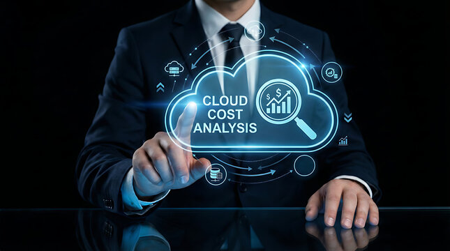 Cloud Cost Analysis and Financial Optimization Concept with Businessman Touching Holographic Interface