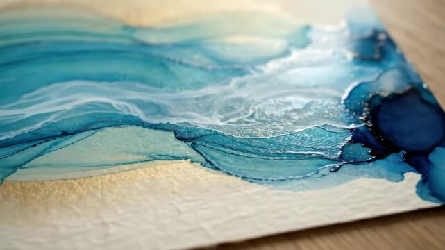 Fluid abstract composition of ocean-inspired ink art on heavyweight paper, translucent aquamarine and cerulean pigments flowing in organic sweeping arcs over a warm gold background, deep Persian blue