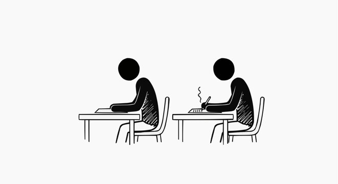 Two stick figures, one sitting straight and other one smoking, are sitting at tables, one with good posture and another with bad posture