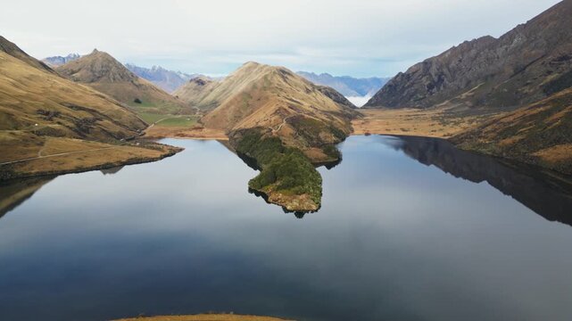 Aerial shot above Lake Moke, New Zealand