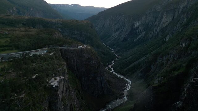 V&oslash;ringsfossen waterfall in Norway in evening