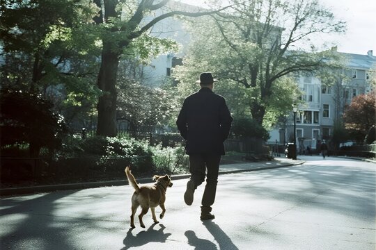A man walking a dog down a sunlit residential street lined with trees and houses