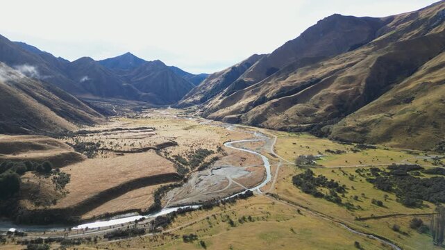 Aerial shot above Lake Moke rivers, New Zealand