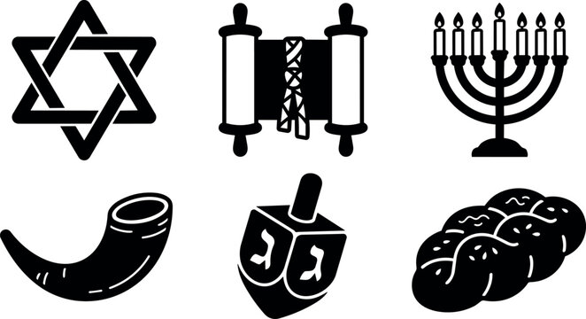 Black and white jewish religious symbols star of david torah scroll menorah shofar dreidel challah bread icon set
