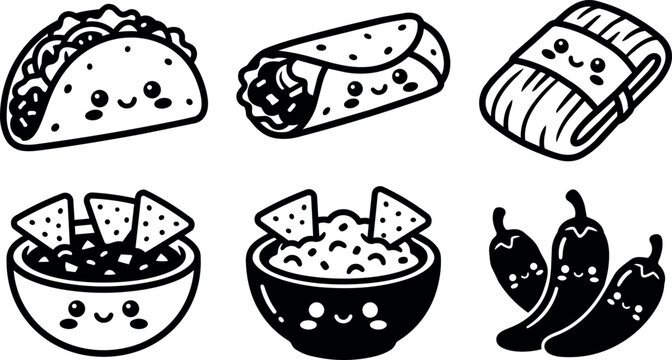 Cute black and white smiling taco burrito tamale nachos chili pepper line art vector