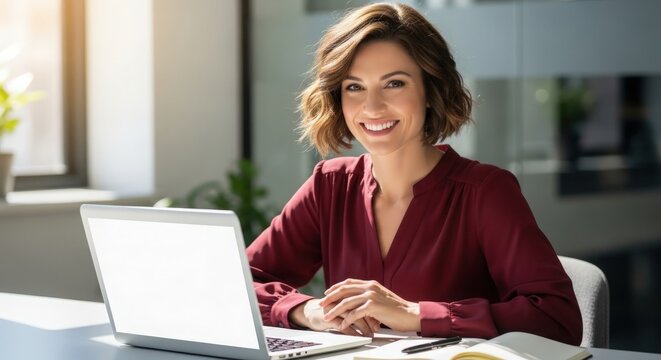 A smiling woman in a maroon blouse sits at a desk with a laptop, notepad, and pen in an office.