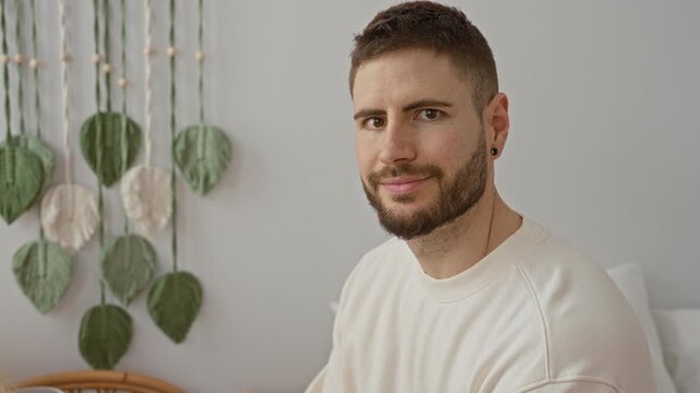 Man smiling showing teeth on bed beside macrame wall hanging and rattan chair in studio wearing cream sweatshirt; calm friendly.