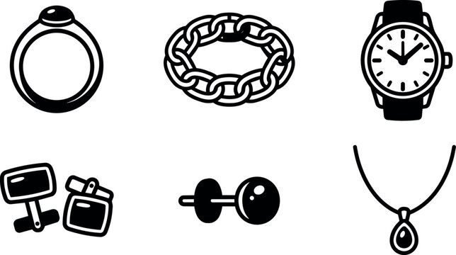 Black and white line art jewelry ring bracelet watch cufflinks earrings necklace
