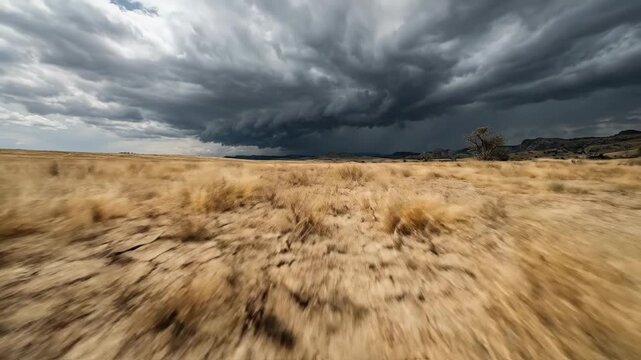 A sweeping landscape showing the dramatic contrast of a parched cracked earth meadow transitioning toward a stormy sky, the dry brittle grass of the foreground bleached to dusty gold, deep fissures