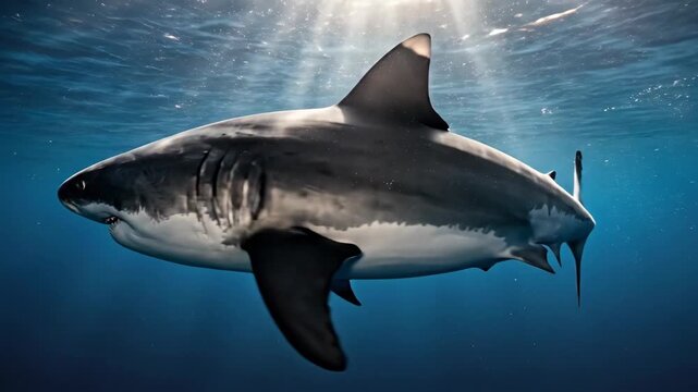 A great white shark glides through clear blue ocean water, muscular body and sharp teeth visible in dramatic lighting, subtle sun rays penetrating the surface above, strong sense of movement and