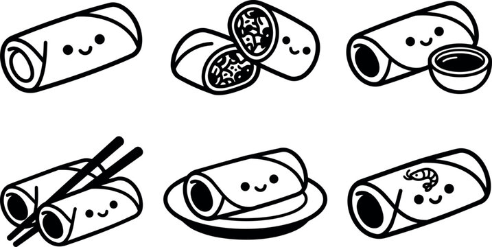 Cute black and white spring roll vector art with happy faces and chopsticks