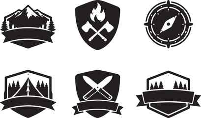 Survival badge shapes silhouette set mountain fire compass tent knife outdoor emblem icon bundle © Luu