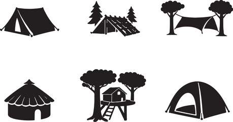 Outdoor shelter icons silhouette set tent lean to tarp hut tree shelter portable tent bundle © Luu