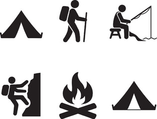Outdoor pictogram silhouette icons set camping hiking fishing climbing fire tent symbols © Luu