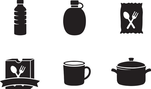 Water food supply icons silhouette set bottle canteen ration box cup cooking pot survival bundle