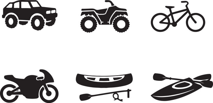 Outdoor Transport Icons Silhouette Set Off Road Truck ATV Bicycle Motorbike Canoe Kayak Adventure Icons