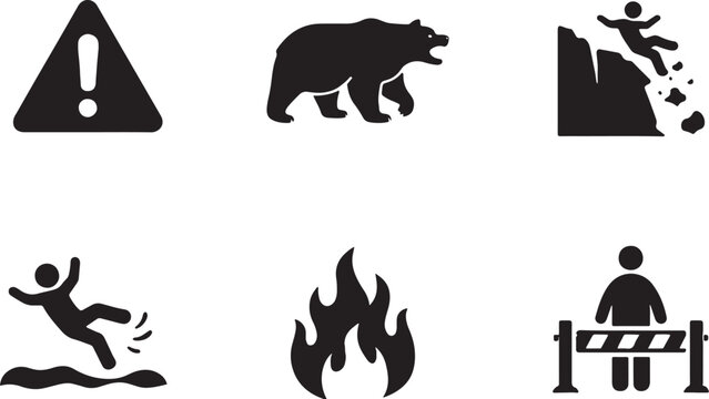 Outdoor warning icons silhouette set danger wild animal cliff slippery fire hazard restricted area bundle