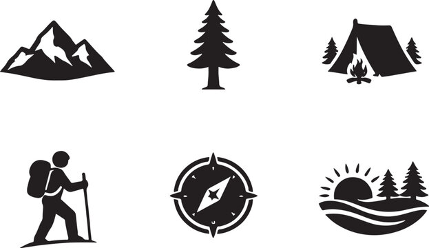 Outdoor brand mark icons silhouette set mountain tree camp adventure explorer nature symbol bundle