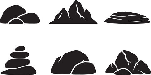 Black rock silhouettes bundle boulder stone shapes set clean vector isolated minimal design © Luu