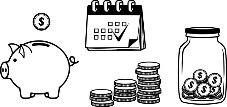 Savings plan icons: piggy bank, calendar, coins, money jar for financial planning
