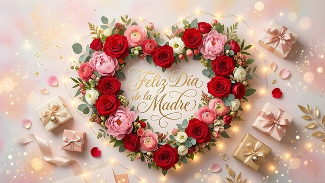 Beautiful floral heart-shaped wreath for Mother's Day with "Feliz D&iacute;a de la Madre" text and gift boxes on a bokeh background