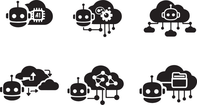 AI cloud system icons black silhouette set cloud computing network storage vector isolated.eps