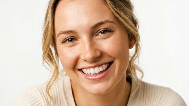A close portrait of a young woman smiling naturally and proudly displaying transparent clear orthodontic aligner trays on her perfectly straight white teeth, warm and natural studio portrait lighting
