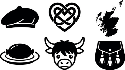 Fototapeta premium Black and white scottish icons set with beret haggis heart knot highland cow map and sporran