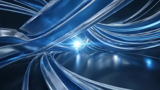 A futuristic abstract background of blue and silver flowing shapes and lines, crisp metallic reflections and gradient contrasts creating a luminous and structured composition, smooth motion across a