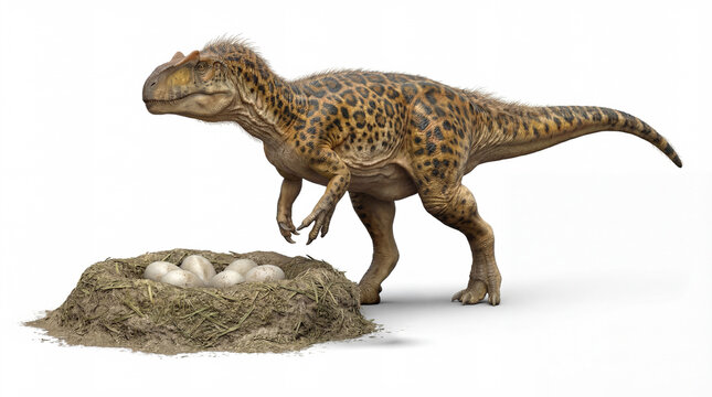 Allosaurus fragilis with eggs in nest in protective posture isolated on white background, detailed prehistoric scene showing nesting behavior and parental defense.