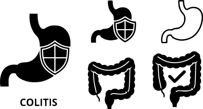 Colitis intestine icon set. Stomach with protected health sign. Check health bowel symbol for medical design. Vector illustration.
