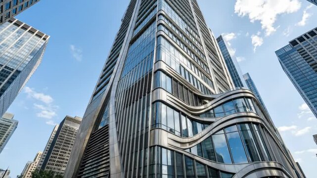 A modern glass and steel building facade with curved metallic lines and reflective panels, intricate architectural details catching natural daylight, geometric patterns creating depth and rhythm,