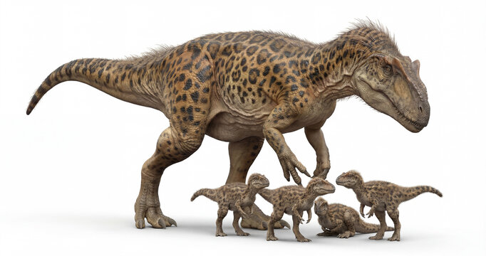 Allosaurus fragilis adult with hatchlings in protective interaction isolated on white background, detailed prehistoric scene showing parental care and defensive behavior.
