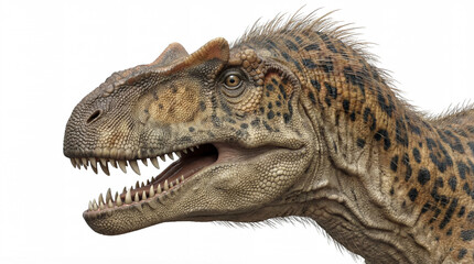 Fototapeta premium Close-up of Allosaurus fragilis head isolated on white background, detailed reconstruction highlighting facial features and theropod anatomy. 