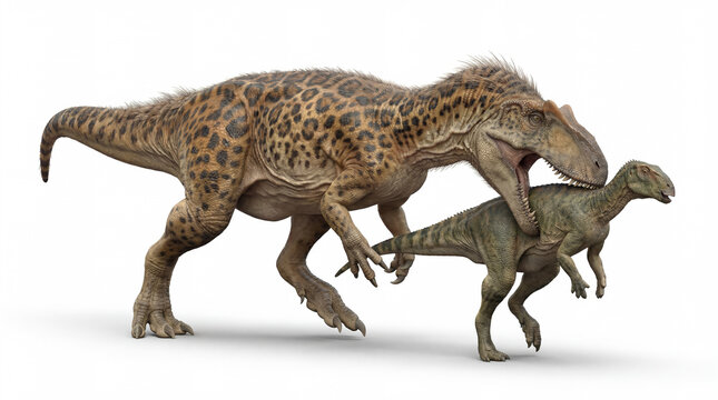 Allosaurus fragilis delivering a kill bite at moment of attack isolated on white background, detailed prehistoric scene showing intense predatory behavior and impact.
