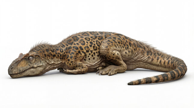 Allosaurus fragilis lying down sleeping isolated on white background, detailed reconstruction showing relaxed posture and calm resting behavior of a theropod dinosaur.
