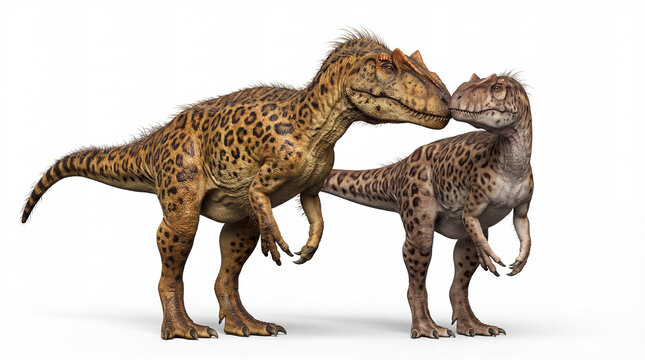 Allosaurus fragilis pair bonding in romantic interaction isolated on white background, detailed prehistoric scene showing courtship behavior and social connection.
