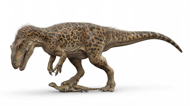 Allosaurus fragilis pinning prey with feet isolated on white background, detailed reconstruction showing predatory behavior and powerful theropod feeding technique.

