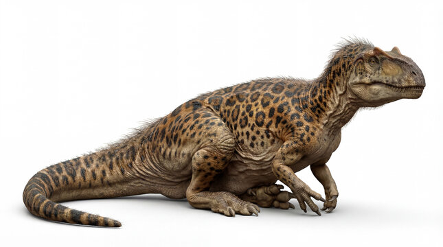 Allosaurus fragilis sitting in resting pose isolated on white background, detailed reconstruction showing relaxed posture and calm theropod behavior.

