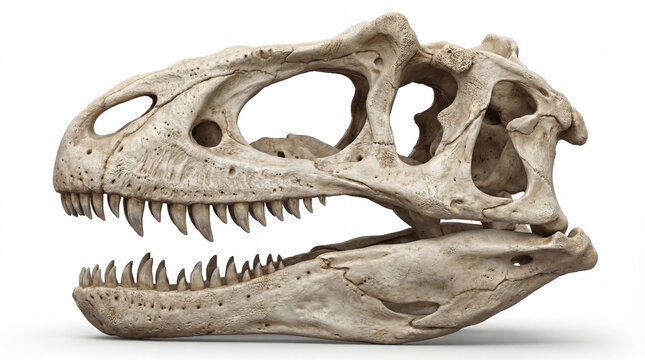 Allosaurus fragilis skull closeup in lateral view isolated on white background, detailed scientific reconstruction highlighting bone structure and theropod anatomy.
