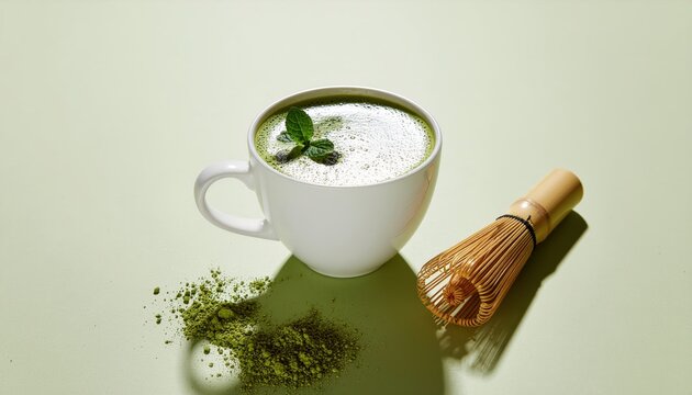 Elevated view of matcha latte with mint garnish and chasen on pastel background