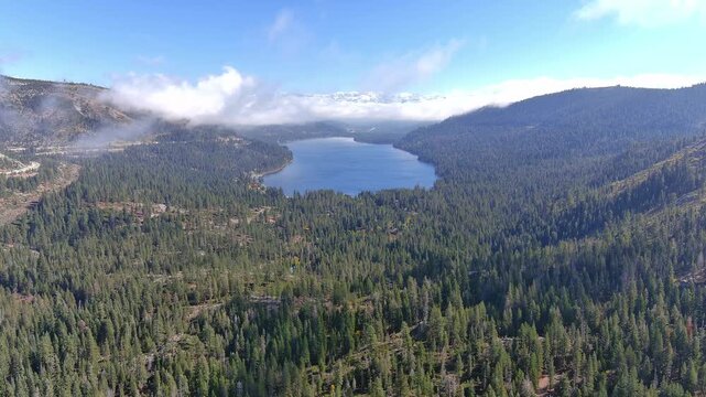 Donner Lake And Pass. A drone flight through Donner Pass and a magnificent view of Donner Lake.