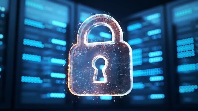 Digital padlock icon glowing in front of blurred server racks for cyber security