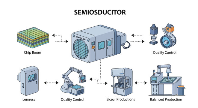 Isometric diagram showing a chip boom, quality control, direct and balanced productions, and a stepper, all part of a computer production line against a white background, rendered