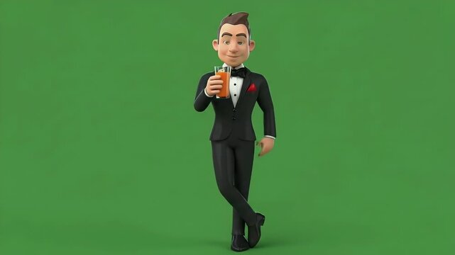 3D Character Man in Tuxedo Holding Orange Juice, Cheers and Celebration on Green Screen